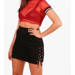 Black Lace Up Sweat Mini Skirt